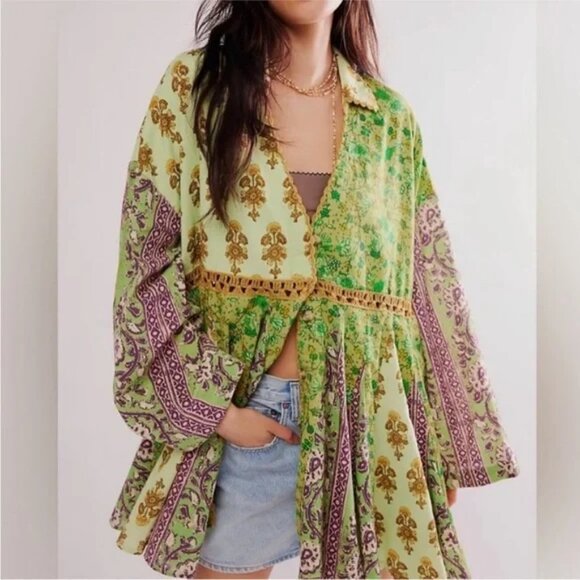 NEW FREE PEOPLE HAZY BABY PATCHWORK BABYDOLL SHIRT DRESS (❁´◡`❁) - Picture 2 of 6